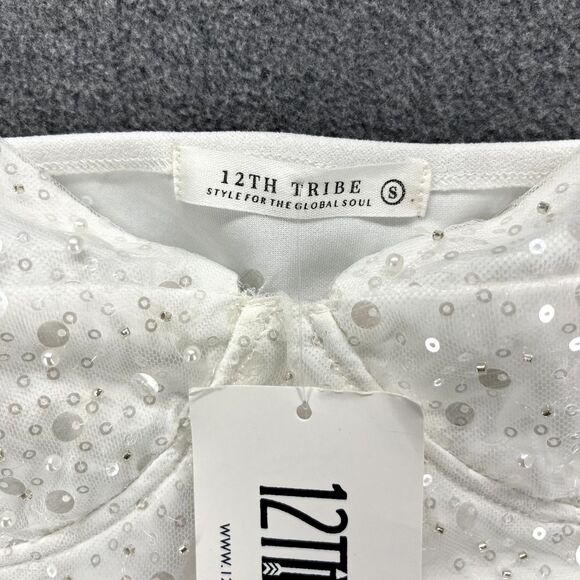 12th Tribe Top Womens Small White Sequin Crop party adjustable strap - Picture 11 of 16
